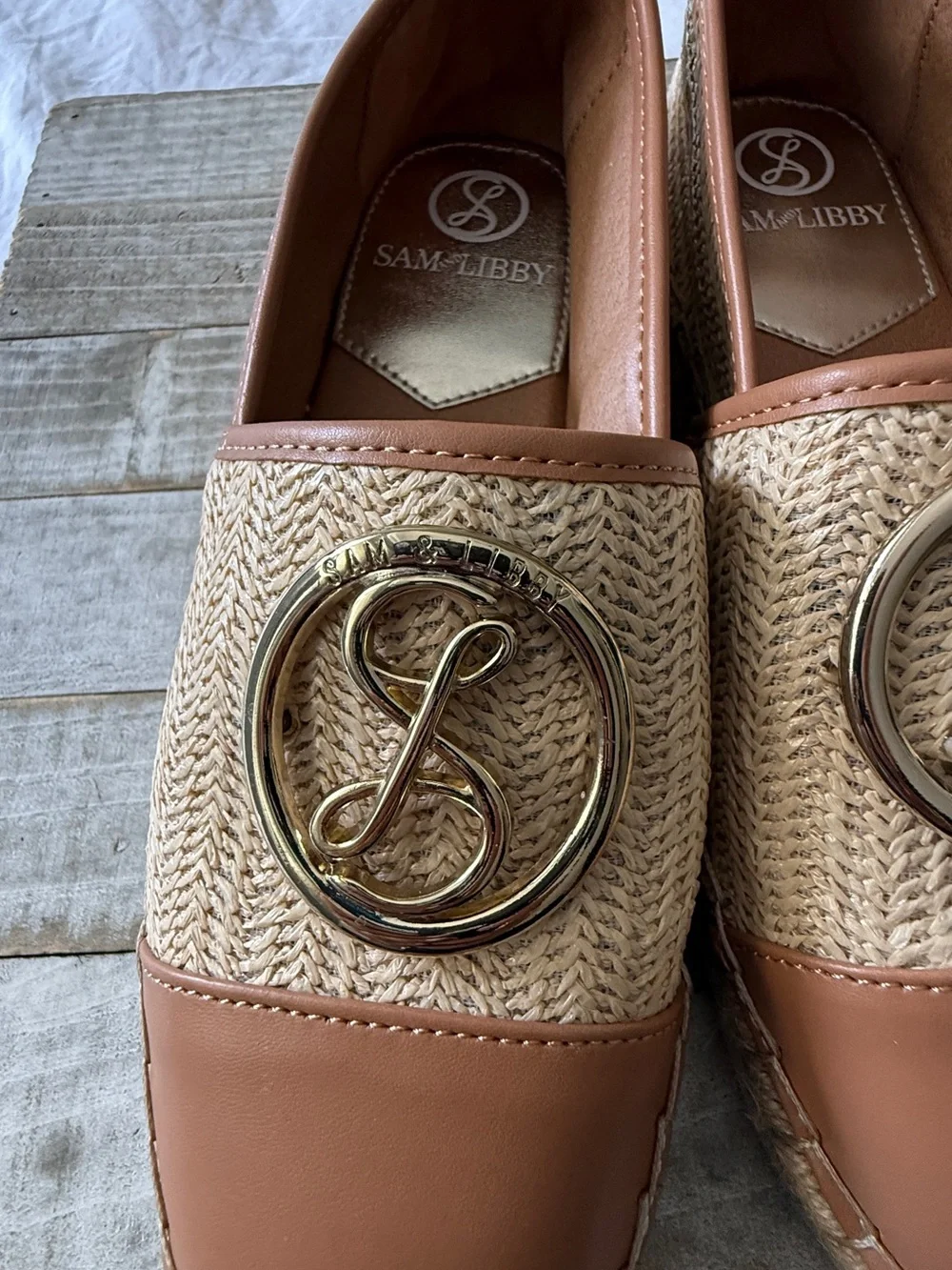 Sam & Libby Tan Raffia and Leather Slip-On Flats with Gold Medallion
